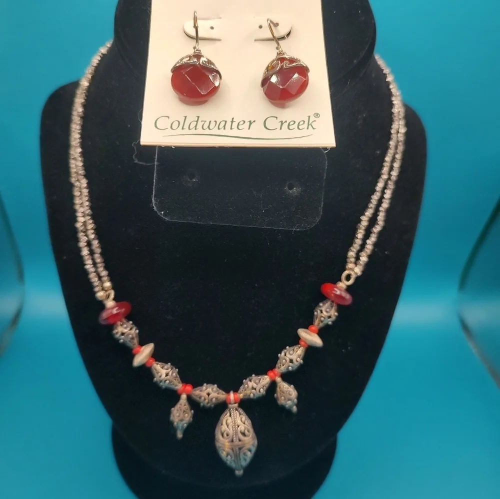 Coldwater Creek Bali Bead Droplet Genuine Stone Sterling Silver Set! NWT!